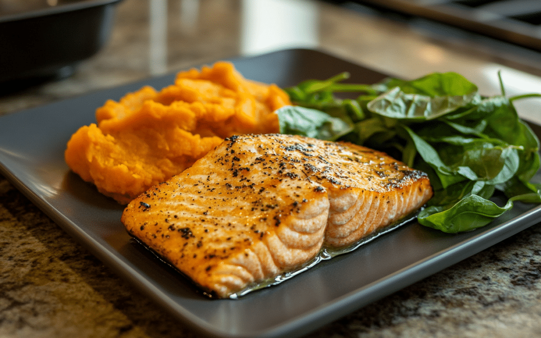 Salmon sweet potatoes and greens