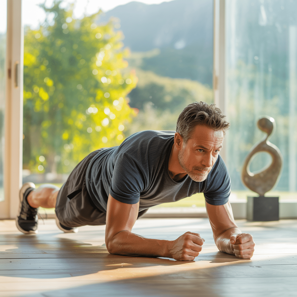 middle aged man doing a plank