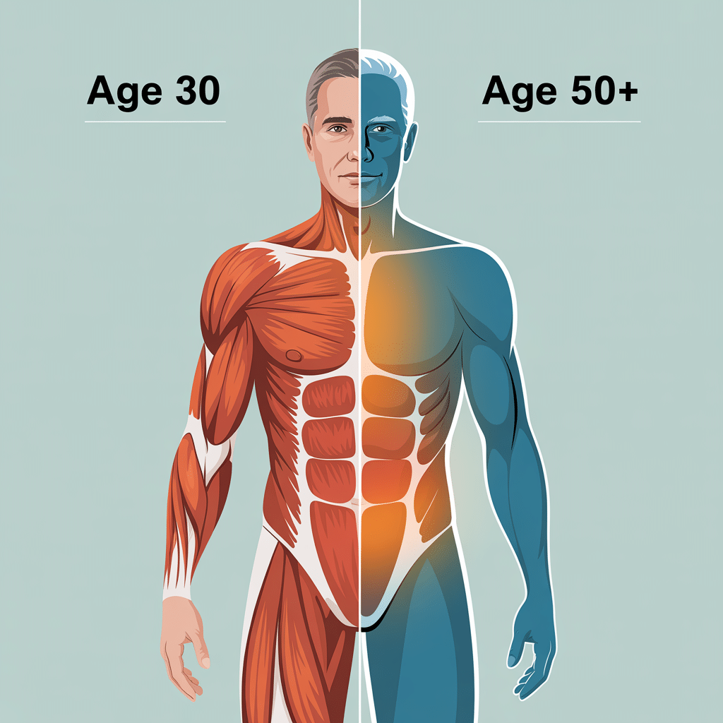 Infographic showing age-related muscle mass changes from 30 to 50+
