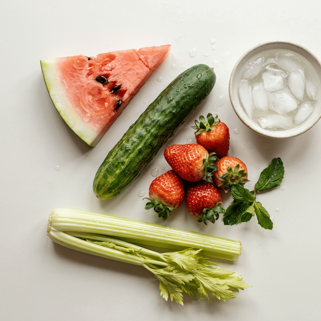 Fruit and veggies with water