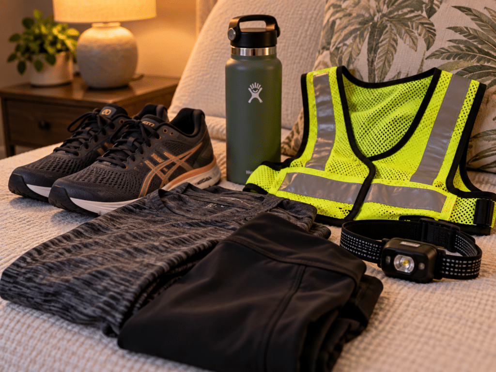 Workout clothes, shoes, and reflective gear laid out the night before a morning workout