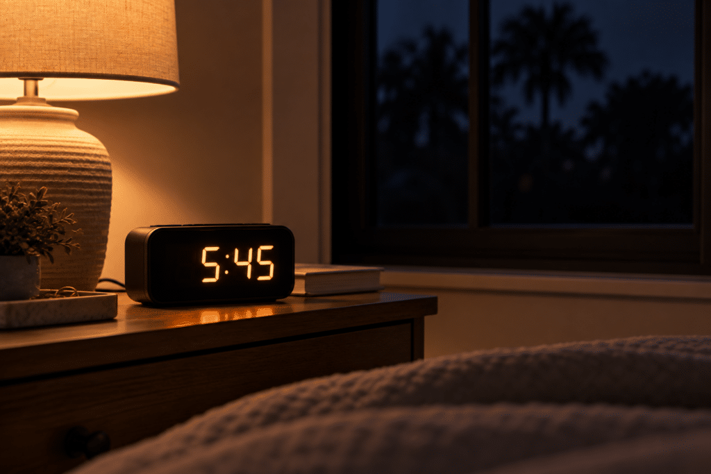 Alarm clock showing 5:45 a.m. beside a dark window on a fall morning